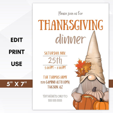 editable thanksgiving gnome dinner invitation printable template